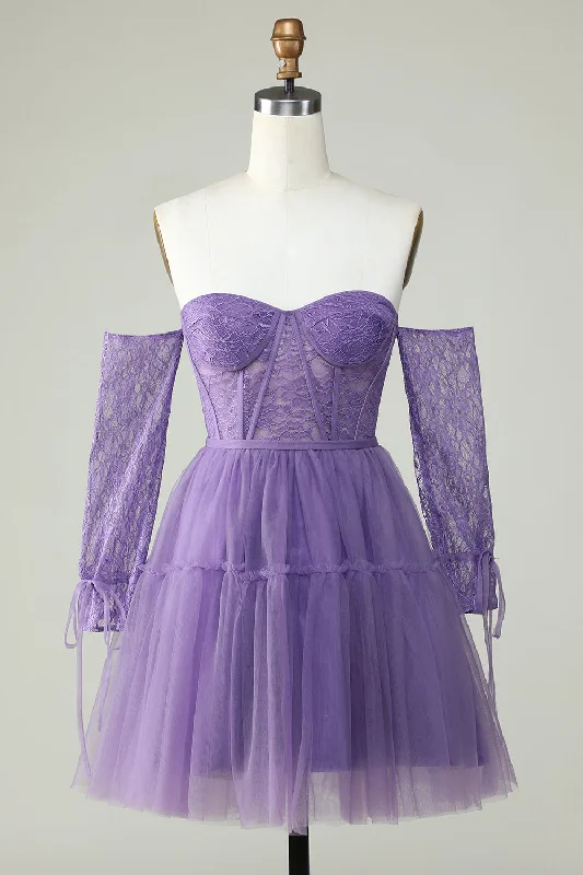 "Beaded dresses for women for a glamorous look"A Line Off the Shoulder Purple Corset Homecoming Dress with Long Sleeves "Beaded dresses for women for a glamorous look"A Line Off the Shoulder Purple Corset Homecoming Dress with Long Sleeves