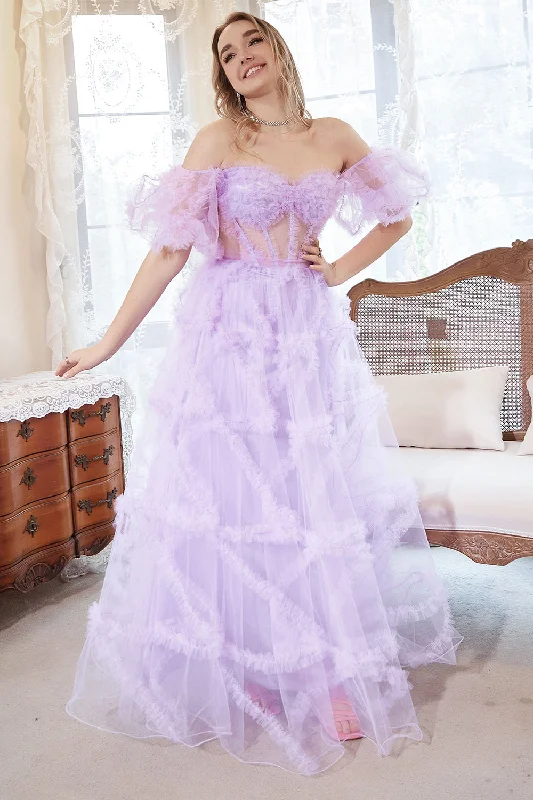 "Long sleeve dresses for women in cold weather"A Line Off the Shoulder Purple Corset Plus Size Prom Dress with Bowknot