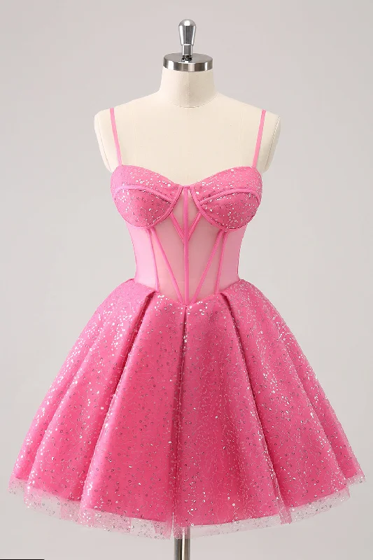 "Pleated dresses for women with a graceful movement"Pink A-Line Spaghetti Straps Corset Cocktail Dress with Sequins