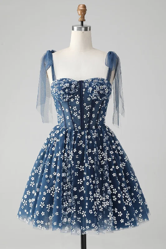 "Bohemian - style women's dresses for music festivals"Navy A Line Spaghetti Straps Print Corset Short Homecoming Dress