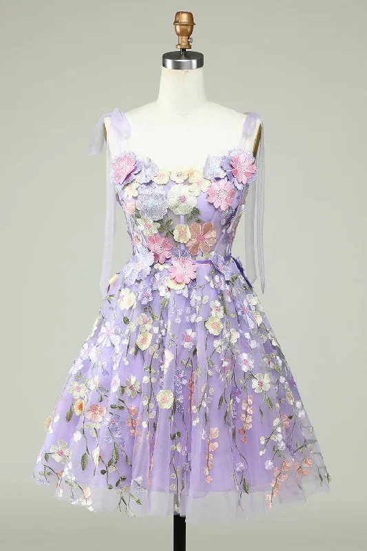 "Denim dresses for women for a casual and cool style"A Line Spaghetti Straps Purple Corset Homecoming Dress with 3D Flowers "Denim dresses for women for a casual and cool style"A Line Spaghetti Straps Purple Corset Homecoming Dress with 3D Flowers