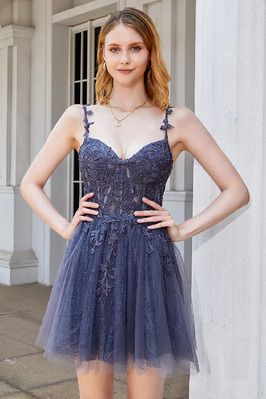 "VIP Sale: Extra 15% Off on Women's Dresses for Our Loyal Customers"A Line Spaghetti Straps Grey Short Homecoming Dress with Appliques "VIP Sale: Extra 15% Off on Women's Dresses for Our Loyal Customers"A Line Spaghetti Straps Grey Short Homecoming Dress with Appliques