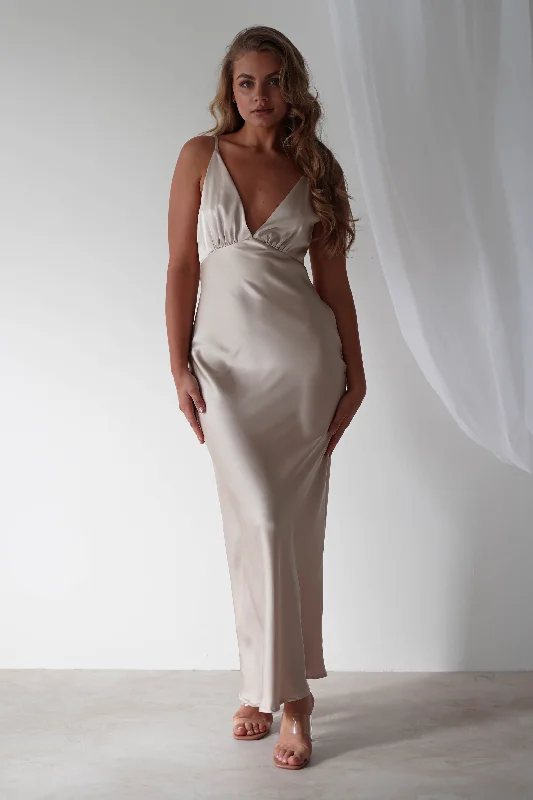 Maxi Dresses Embellished with Crystals for a Sparkling LookAimie Soft Satin Maxi Dress | Champagne Maxi Dresses Embellished with Crystals for a Sparkling LookAimie Soft Satin Maxi Dress | Champagne