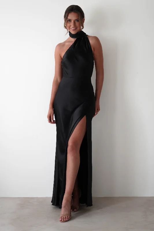 Durable Denim Maxi Dresses for Casual OutingsAmelda Soft Satin Maxi Gown Dress | Black