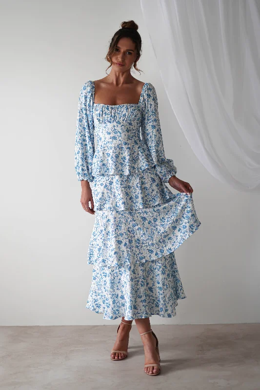 Long - Line Maxi Dresses with a Vest - Like DesignAmelie Floral Print Maxi Dress | Blue/White