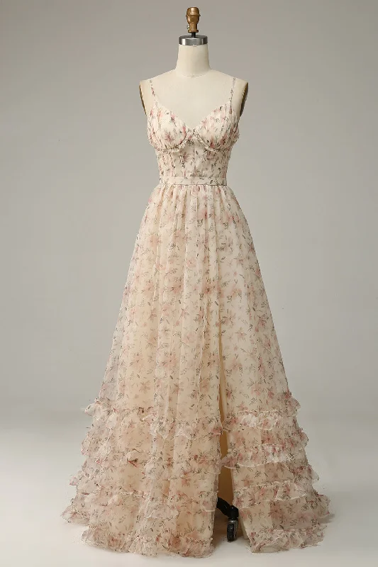 Clearance Sale: Women's Dresses Apricot A Line Print Prom Dress with Slit