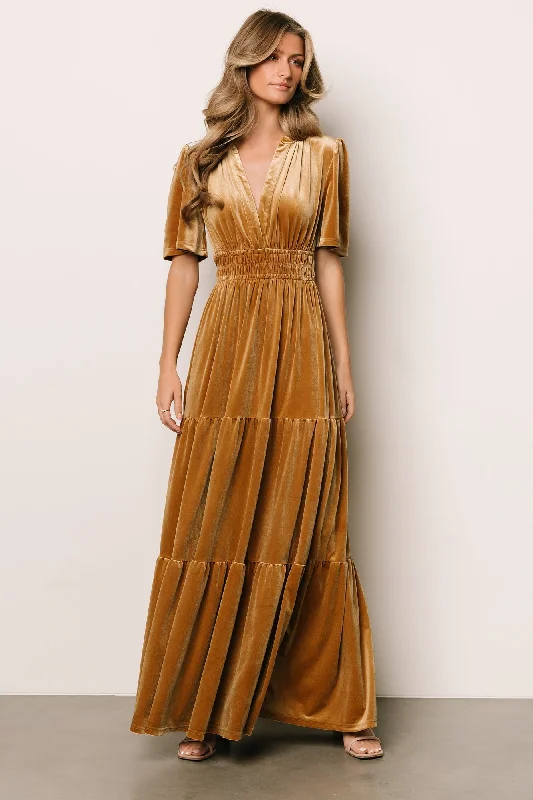Maxi Dresses with Botanical Prints for a Natural and Fresh LookArtemis Velvet Maxi Dress | Dark Gold