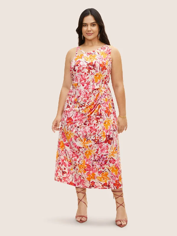 Preppy - Style Pleated Maxi Dresses for School EventsAsymmetrical Neck Watercolor Floral Pleated Dress