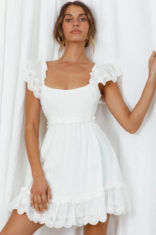 "Striped dresses for women with a classic touch"Bay Breeze Frill Shoulder Shirred Bodice Dress White "Striped dresses for women with a classic touch"Bay Breeze Frill Shoulder Shirred Bodice Dress White