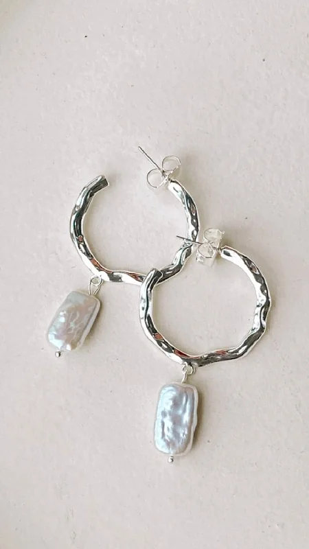 "Midi dresses for women with unique patterns"Beaten Metal Pearl Drop Hoops - Silver/Cream "Midi dresses for women with unique patterns"Beaten Metal Pearl Drop Hoops - Silver/Cream