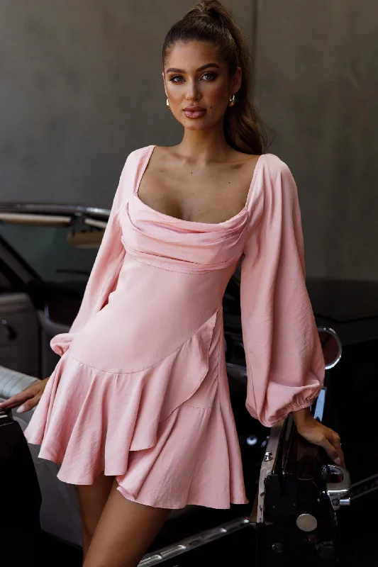 "Beaded dresses for women for a glamorous look"Beaujolais Long Sleeve Cowl Neckline Ruffle Satin Mini Dress Blush