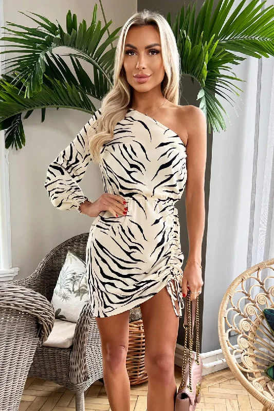 "Ruffled dresses for women for added femininity"Black And Stone Animal Print One Sleeve Mini Dress "Ruffled dresses for women for added femininity"Black And Stone Animal Print One Sleeve Mini Dress