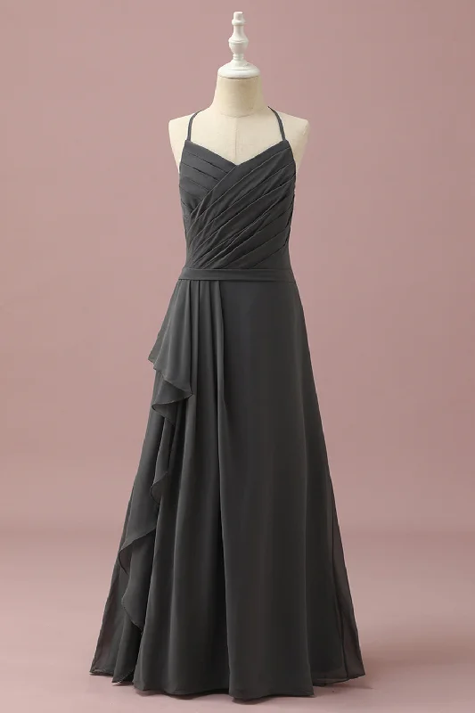"Graduation dresses for women to celebrate in style"Black Halter Neck A-Line Junior Bridesmaid Dress With Cascading Ruffles "Graduation dresses for women to celebrate in style"Black Halter Neck A-Line Junior Bridesmaid Dress With Cascading Ruffles