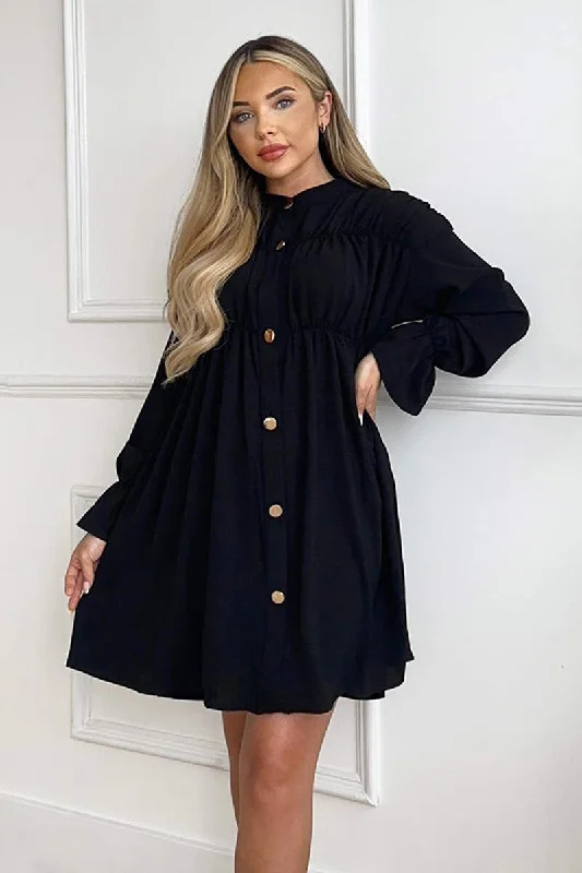 "Buy One, Get One 50% Off on Women's Dresses - Don't Miss Out!"Black Long Sleeve Gathered Detail Button Front Dress "Buy One, Get One 50% Off on Women's Dresses - Don't Miss Out!"Black Long Sleeve Gathered Detail Button Front Dress