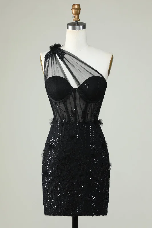 "White dresses for women for a fresh and clean look"Bodycon One Shoulder Black Corset Homecoming Dress with Appliques "White dresses for women for a fresh and clean look"Bodycon One Shoulder Black Corset Homecoming Dress with Appliques