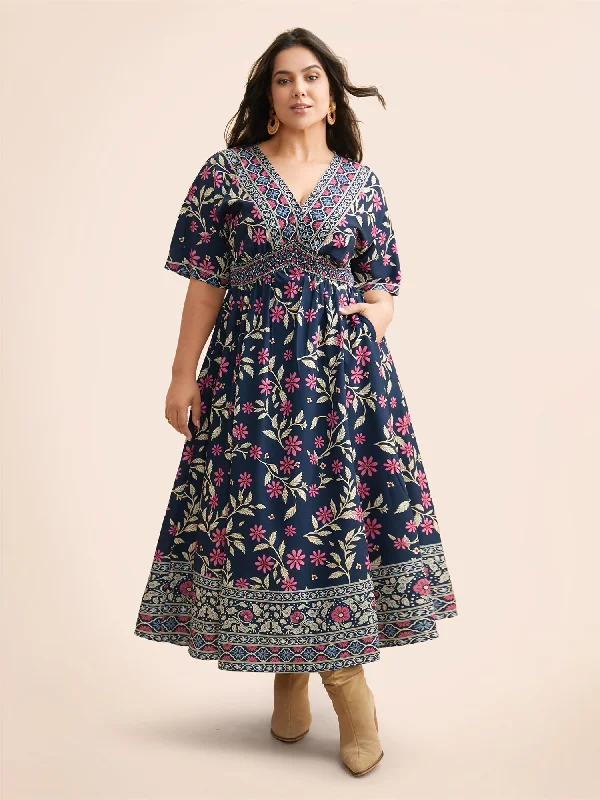 Maxi Dresses with Laser - Cut Patterns for a Modern LookBoho Print Overlap Collar Shirred Dress