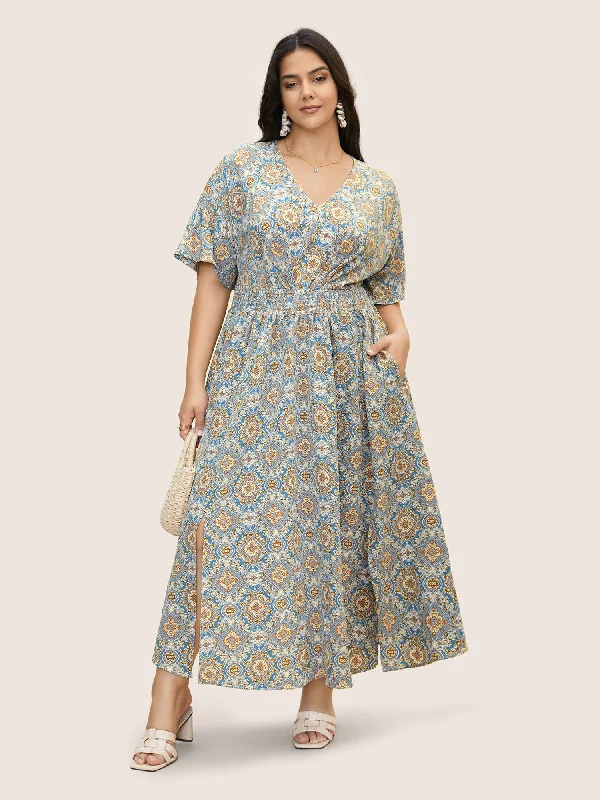 Breathable Chiffon Maxi Dresses for Hot DaysBoho Print Shirred Pleated Maxi Dress