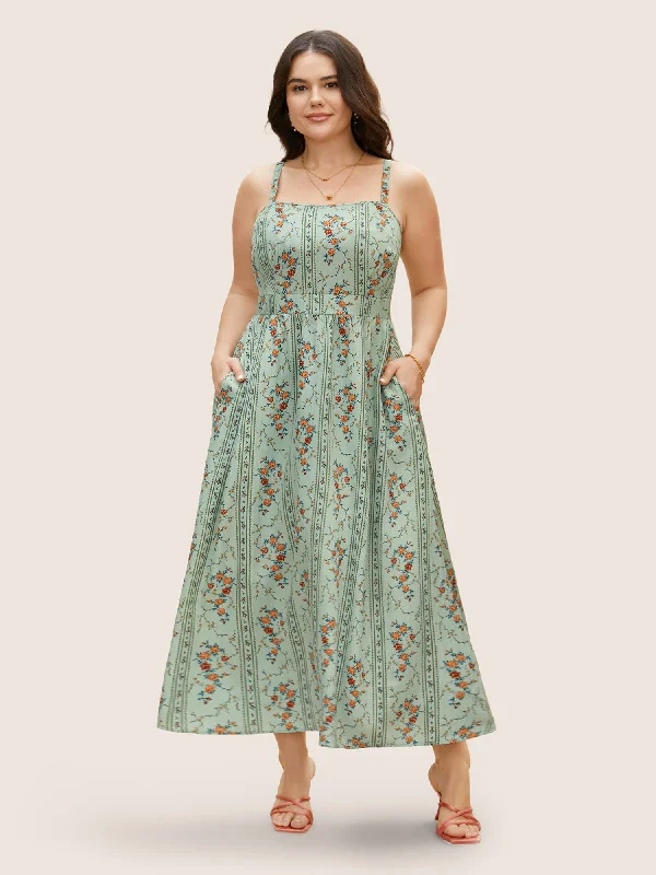 Short - Sleeved Maxi Dresses for Summer EveningsBoho Print Square Neck Maxi Cami Dress