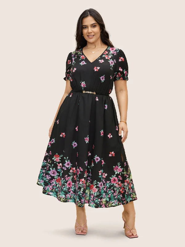 Durable Denim Maxi Dresses for Casual OutingsBoho Print V Neck Elastic Waist Dress