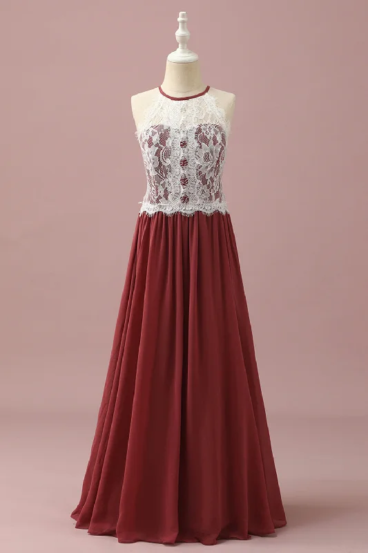 "Sleeveless dresses for women during hot summer days"Burgundy Halter Lace and Chiffon Junior Bridesmaid Dress "Sleeveless dresses for women during hot summer days"Burgundy Halter Lace and Chiffon Junior Bridesmaid Dress