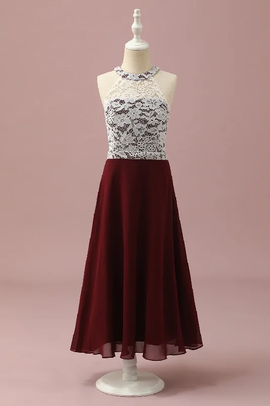 "White dresses for women for a fresh and clean look"Burgundy Lace and Chiffon Halter Junior Bridesmaid Dress "White dresses for women for a fresh and clean look"Burgundy Lace and Chiffon Halter Junior Bridesmaid Dress