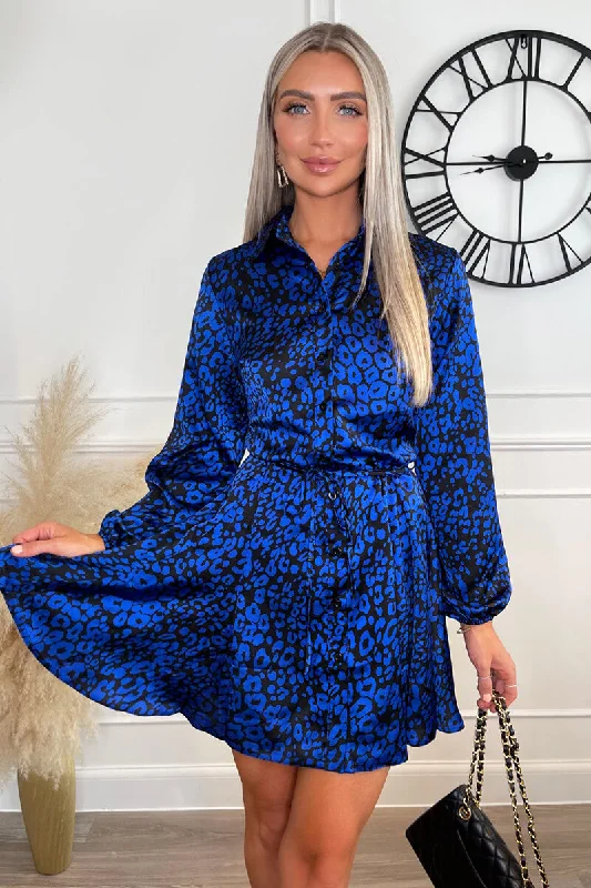 "VIP Sale: Extra 15% Off on Women's Dresses for Our Loyal Customers"Cobalt Animal Print Long Sleeve Tie Waist Collared Skater Dress "VIP Sale: Extra 15% Off on Women's Dresses for Our Loyal Customers"Cobalt Animal Print Long Sleeve Tie Waist Collared Skater Dress