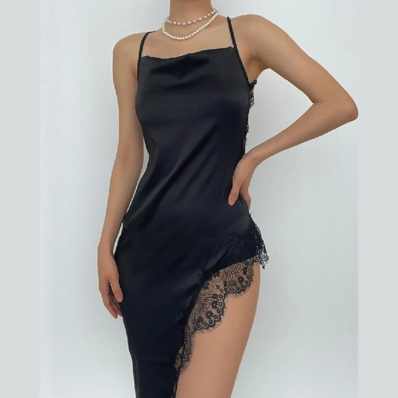 "Chiffon dresses for women with a flowy and light feel"BerryBetty - Hem lace slit satin cross open back dress