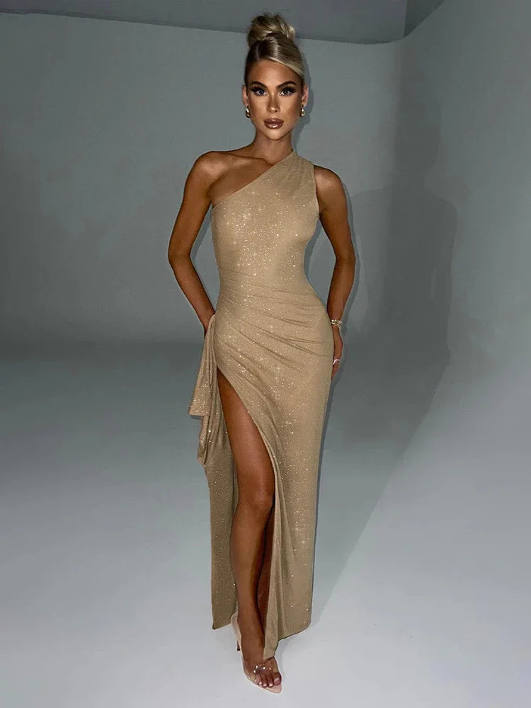 Sequin - Embellished Maxi Dresses for GalasSparkle Glitter High Split One Shoulder Slim Bodycon Elegant Long Summer Maxi Dress