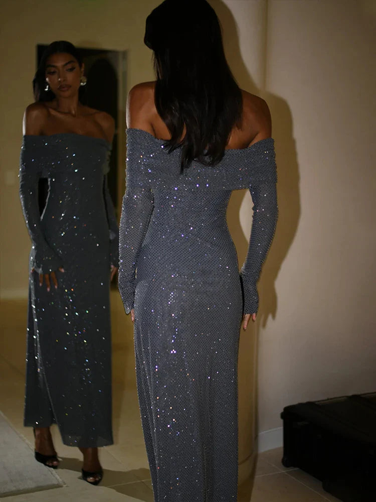 Long - Line Maxi Dresses with a Vest - Like DesignOff Shoulder Long Sparkle Glitter Nightclub Sexy Autumn Winter Maxi Dress