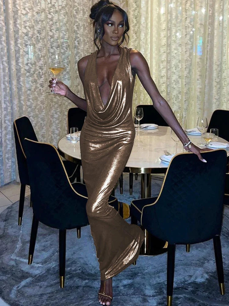 Sporty - Inspired Maxi Dresses for Active LifestylesSlim Elegant Deep V Neck Backless Sexy Party Gold 2024 Maxi Dress