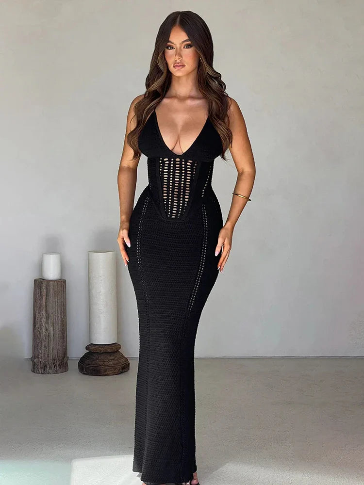 Maxi Dresses for Outdoor Picnics in the SummerKnitted Bodycon Spaghetti Strap Spring Summer Backless Nightclub Sexy Party Maxi Dress