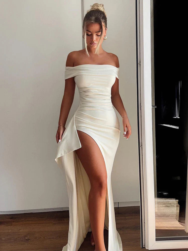 Chinese - Inspired Maxi Dresses with Traditional ElementsOff Shoulder Long Summer High Split Backless Nightclub Sexy Party Maxi Dress