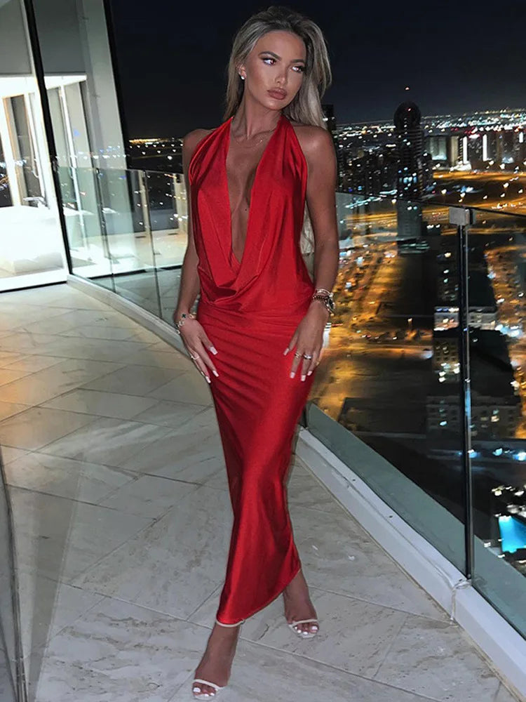 Luxurious Velvet Maxi Dresses for Winter GalasBodycon Midi Long Spring Summer Halter Deep V Neck Backless Nightclub Sexy Party Maxi Dress