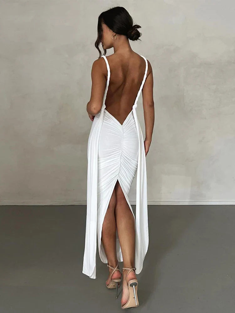 Maxi Dresses for Outdoor Picnics in the SummerLong Deep V Neck Slim Bandage Bodycon Backless Nightclub Sexy Party Maxi Dress