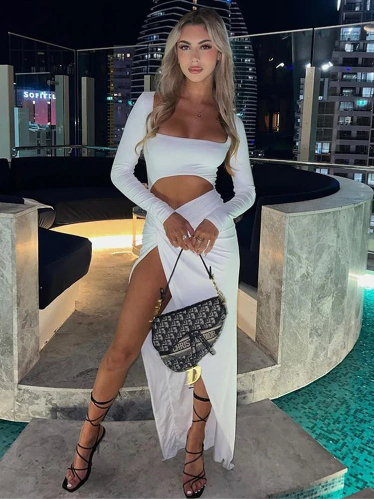 Maxi Dresses Embellished with Crystals for a Sparkling LookHollow Out High Split Slim Long Sleeve Autumn Club Party Elegant Long Vestidos Maxi Dress