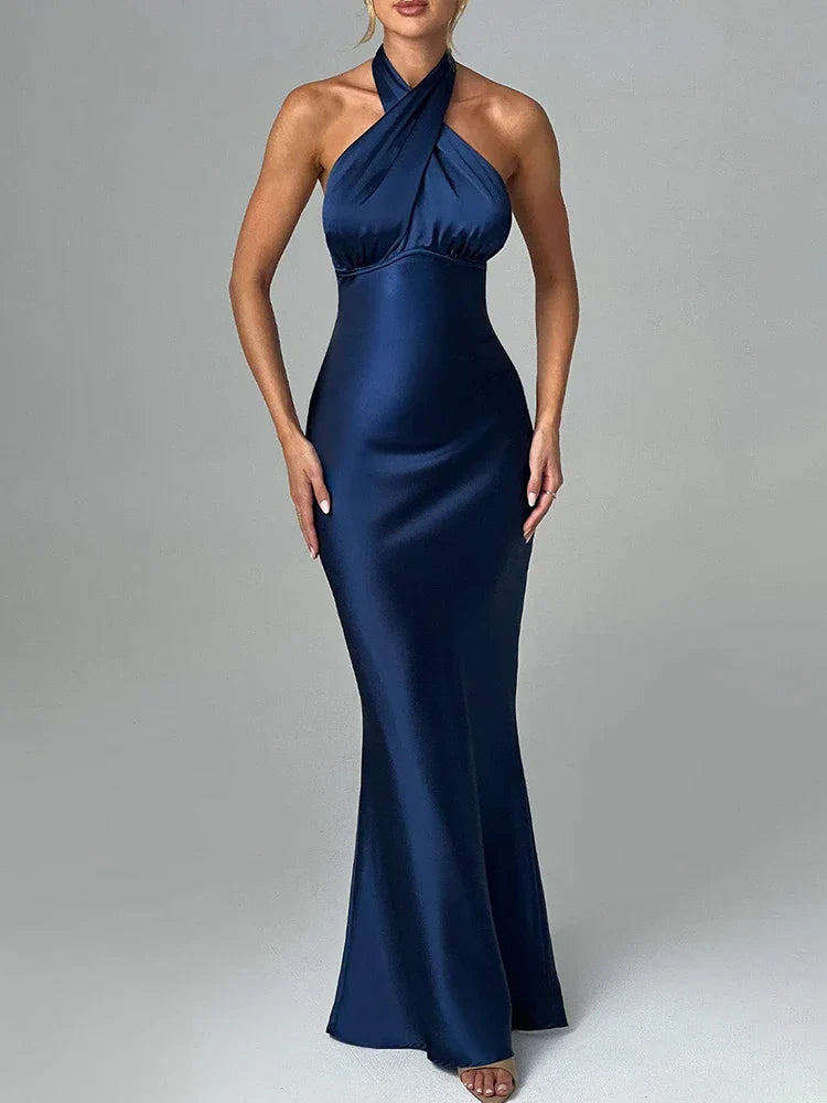 Retro - Style Bubble - Sleeve Maxi DressesLong Slim Bodycon Halter Backless Nightclub Sexy Party Maxi Dress