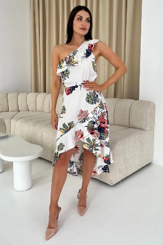 Maxi Dresses Decorated with Feathers for a Dazzling LookCream Floral One Shoulder Frill Detail Dipped Hem Dress