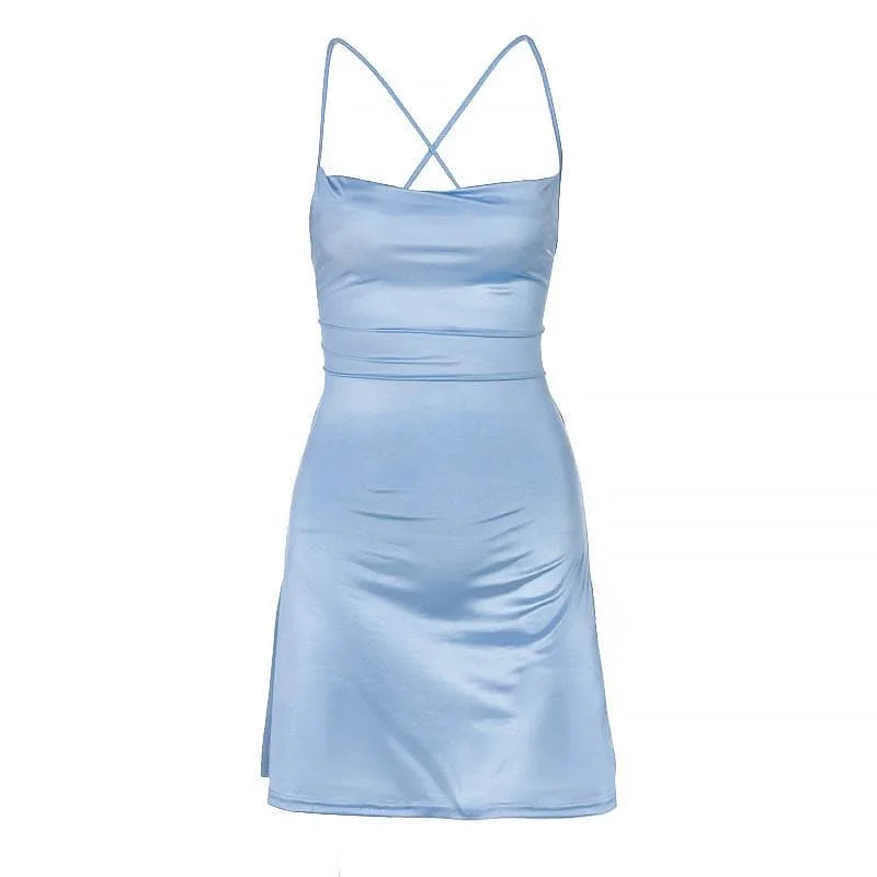 "Simple wedding dresses for women who prefer understated elegance"BerryBetty - Cross back solid satin cowl neck lace up self tie backless mini dress "Simple wedding dresses for women who prefer understated elegance"BerryBetty - Cross back solid satin cowl neck lace up self tie backless mini dress