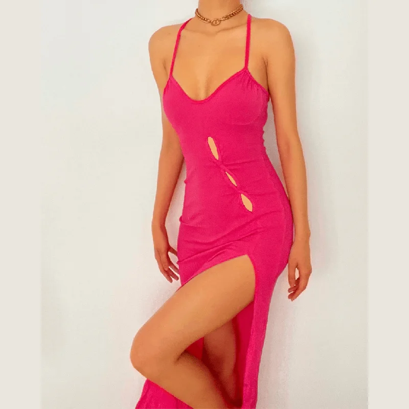 "Designer - inspired women's evening dresses"BerryBetty - Cross open back hollow out slit ribbed maxi dress "Designer - inspired women's evening dresses"BerryBetty - Cross open back hollow out slit ribbed maxi dress