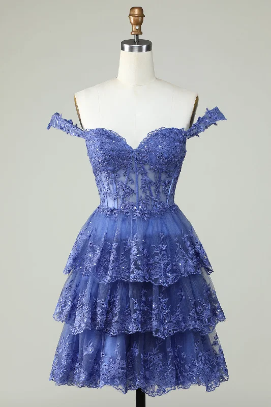 "Red dresses for women to make a bold statement"Cute A Line Dark Blue Corset Tiered Short Homecoming Dress with Lace "Red dresses for women to make a bold statement"Cute A Line Dark Blue Corset Tiered Short Homecoming Dress with Lace
