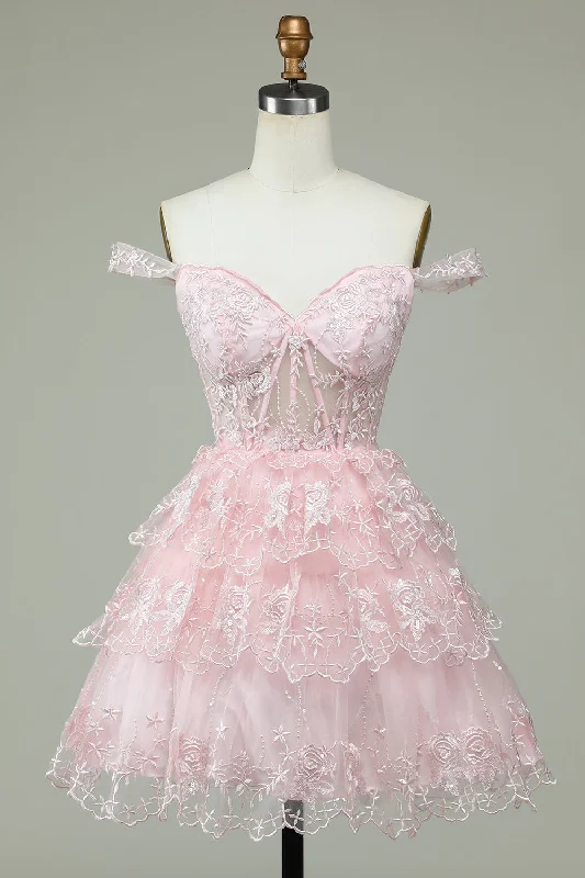 "Graduation dresses for women to celebrate in style"Cute A Line Off the Shoulder Pink Corset Homecoming Dress with Lace "Graduation dresses for women to celebrate in style"Cute A Line Off the Shoulder Pink Corset Homecoming Dress with Lace