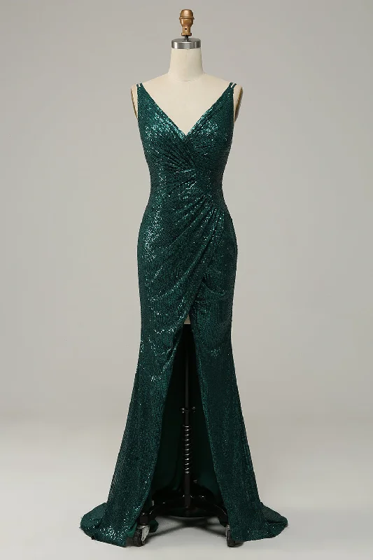 "Comfortable maternity dresses for pregnant women"Dark Green Sequined Spaghetti Straps Prom Dress With Slit "Comfortable maternity dresses for pregnant women"Dark Green Sequined Spaghetti Straps Prom Dress With Slit