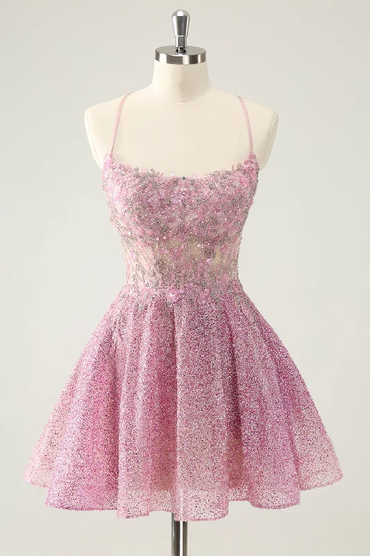 "Designer - inspired women's evening dresses"Dark Pink A Line Sparkly Beading Appliques Corset Short Homecoming Dress