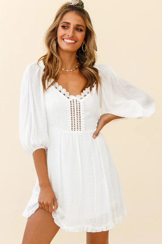 "Sleeveless dresses for women during hot summer days"Dream Lover Puff Sleeve Crochet Insert Dress White "Sleeveless dresses for women during hot summer days"Dream Lover Puff Sleeve Crochet Insert Dress White