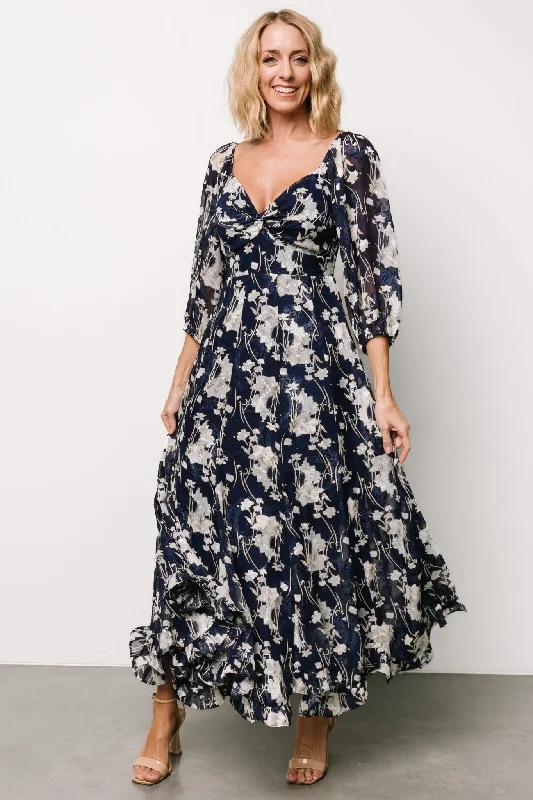 Off - the - Shoulder Maxi Dresses for Evening PartiesEstefania Maxi Dress | Navy + Off White Floral