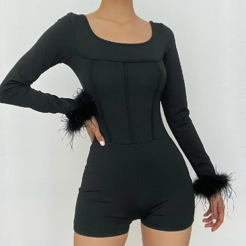 "Short dresses for women for a night out clubbing"BerryBetty - Feather corset long sleeve backless solid romper "Short dresses for women for a night out clubbing"BerryBetty - Feather corset long sleeve backless solid romper