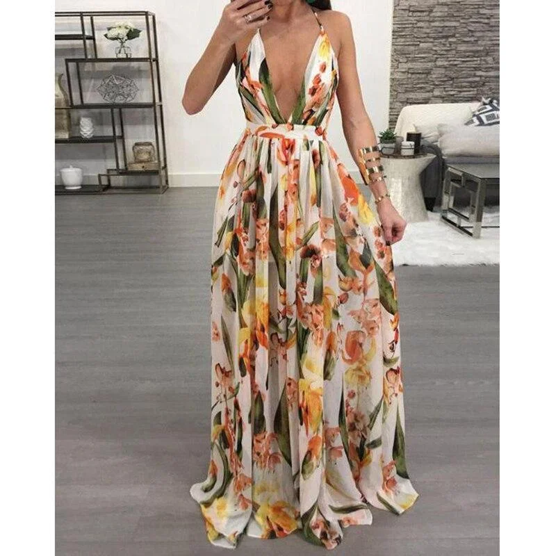 Japanese - Inspired Minimalist Maxi DressesFashionSierra - Floral deep v neck backless maxi dress women Sleeveless flower print bohemian long dress Fashion long summer beach dresses