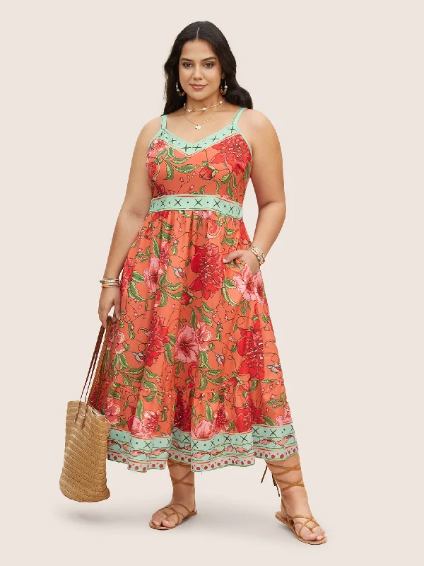 Bohemian Printed Maxi Dresses for Summer VacationsFloral Print Elastic Waist Shirred Cami Dress