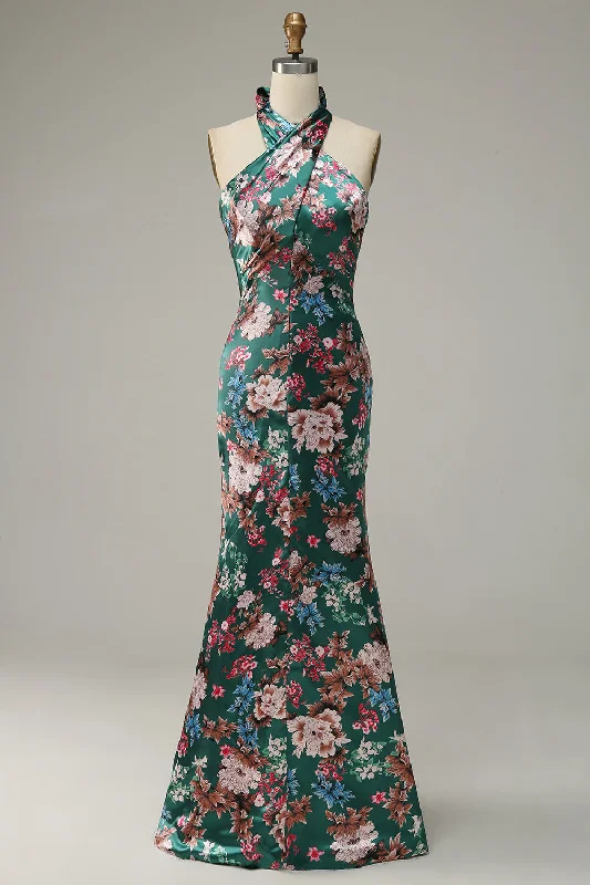 "A - line dresses for women to flatter the figure"Flower Print Halter Satin Prom Dress "A - line dresses for women to flatter the figure"Flower Print Halter Satin Prom Dress
