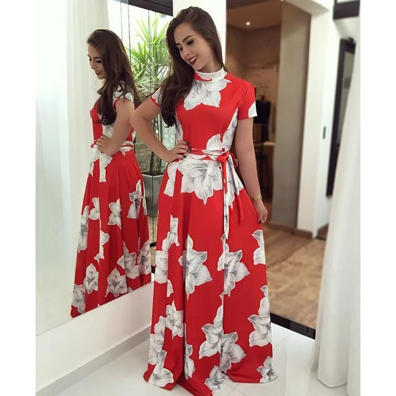 Backless Maxi Dresses for a Bold StatementFashionSierra - Flower print turtleneck long summer dress Women sashes pleated long dress Elegant womens maxi dresses red vestidos mujer